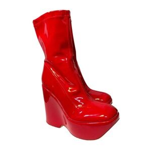Simmi London Boots Size 7 Red Patent Wedge Ankle Platform Chunky Heel Zip Up
